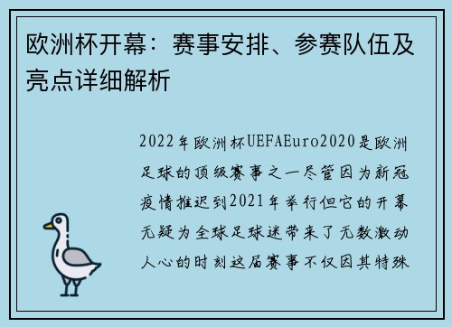 欧洲杯开幕：赛事安排、参赛队伍及亮点详细解析